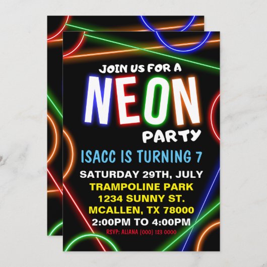Neon Birthday Party Invitation 招待状 (正面/裏面)