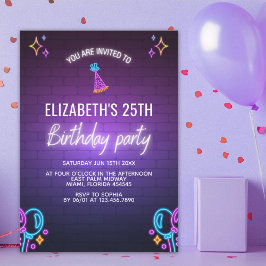 Neon Birthday Party Invitation Brick Wall Style 招待状