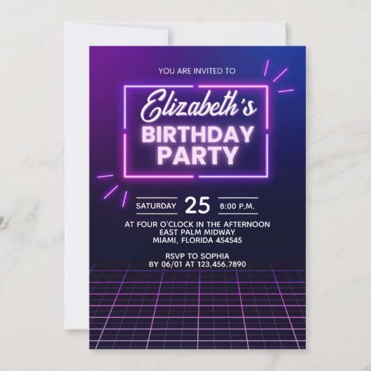 Neon Birthday Party Invitation Modern Glow Frame 招待状 (正面)