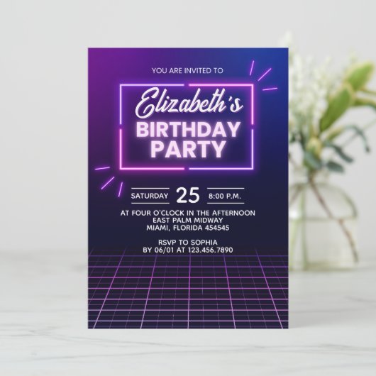 Neon Birthday Party Invitation Modern Glow Frame 招待状 (スタンド正面)