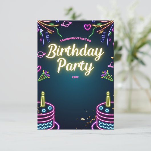 Neon Birthday Party Invitations Customizable 招待状 (スタンド正面)