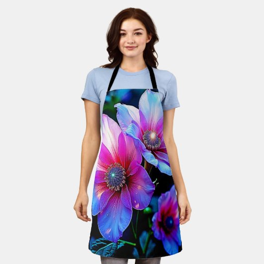 Neon Bloom Flower Magic Glow Design エプロン (着用した状態)