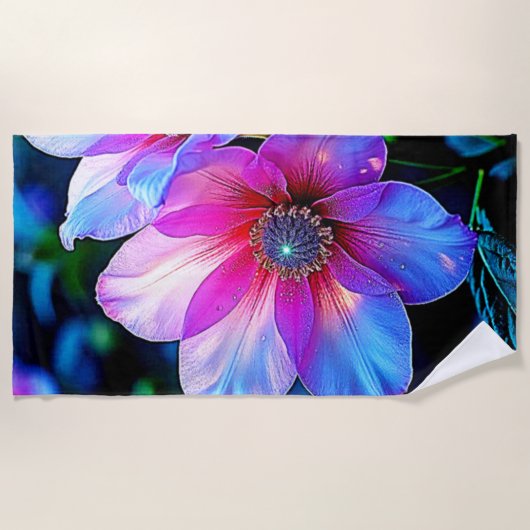 Neon Bloom Flower Magic Glow Design ビーチタオル (正面)