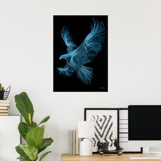 Neon Blue Eagle Futuristic Filament Wall Art ポスター (ホームオフィス)