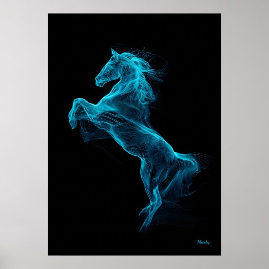 Neon Blue Horse Futuristic Filament Wall Art ポスター (正面)
