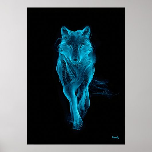 Neon Blue Wolf Futuristic Filament Wall Art ポスター (正面)