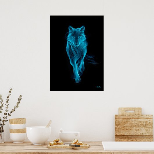 Neon Blue Wolf Futuristic Filament Wall Art ポスター (キッチン)