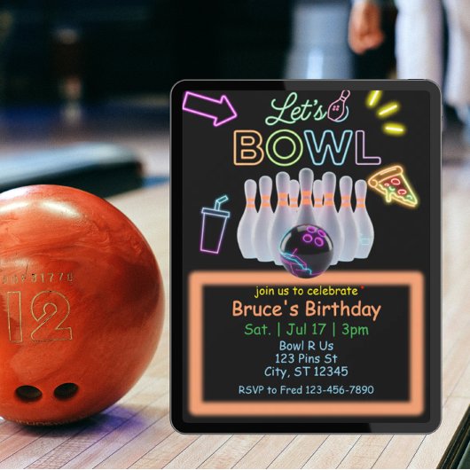 Neon Bowling Birthday 招待状