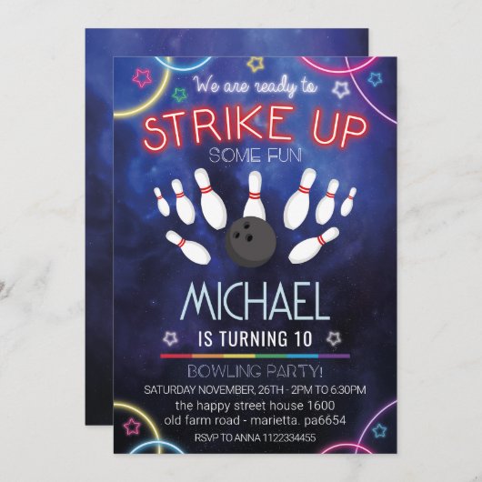 Neon Bowling Invitation for Birthday Party Retro 招待状 (正面/裏面)