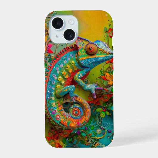 Neon Charlie Chameleon, Textile Rainforest Collage iPhone 15ケース (裏面)