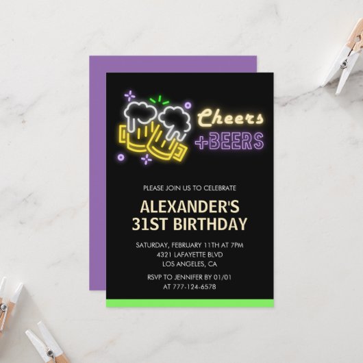 Neon Cheers Beer Black 31st birthday invitation 招待状 (正面/裏面インサイチュ)