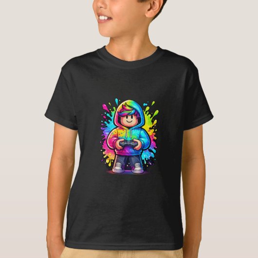Neon Chibi Gamer Boy T-Shirt – RGB Cyberpunk Tシャツ (正面)