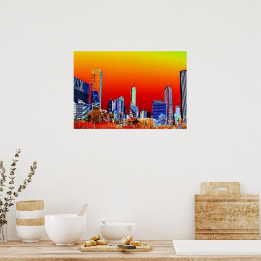 Neon Chicago Skyline Fine Art Poster ポスター (キッチン)