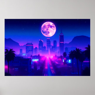 Neon City Synthwave Sunset XL Area Rug ポスター