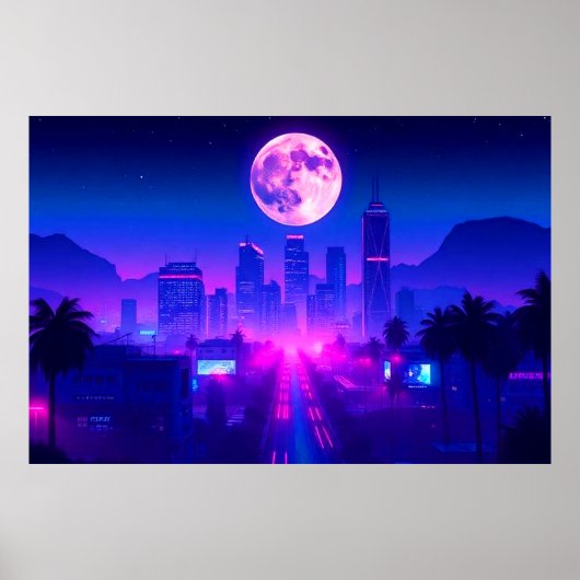 Neon City Synthwave Sunset XL Area Rug ポスター (正面)