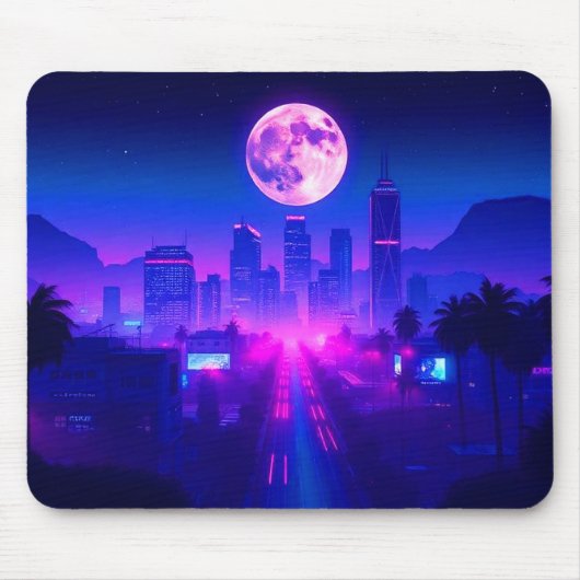Neon City Synthwave Sunset XL Gaming Desk Mat マウスパッド (正面)