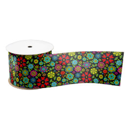 Neon Colors On Black Retro Floral Seamless Pattern サテンリボン