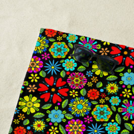 Neon Colors On Black Retro Floral Seamless Pattern ビーチタオル