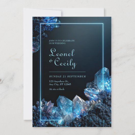 Neon Cyan Glow Electric Blue Crystal Frame Wedding 招待状 (正面)