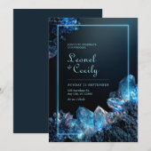 Neon Cyan Glow Electric Blue Crystal Frame Wedding 招待状 (正面/裏面)