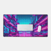 Neon Cyan Magenta Cyberpunk Cityscape Gamer デスクマット (キーボード&マウス)