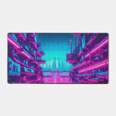 Neon Cyan Magenta Cyberpunk Cityscape Gamer デスクマット (正面)