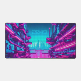 Neon Cyan Magenta Cyberpunk Cityscape Gamer デスクマット