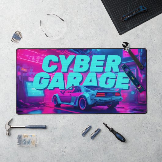 Neon Cyan Magenta Cyberpunk Garage Retro Car デスクマット (ワークステーション)