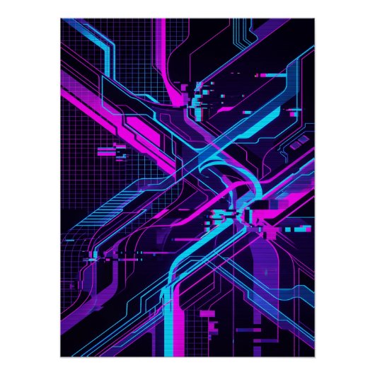 Neon Cyberpunk Abstract Glitch Art ポスター (正面)