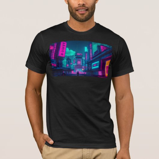 Neon Cyberpunk City Street Gamer Apparel Tシャツ (正面)