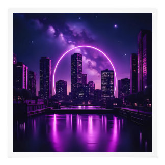 Neon Cyberpunk Cityscape – Futuristic Purple フォトプリント