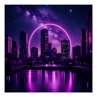 Neon Cyberpunk Cityscape – Futuristic Purple ポスター