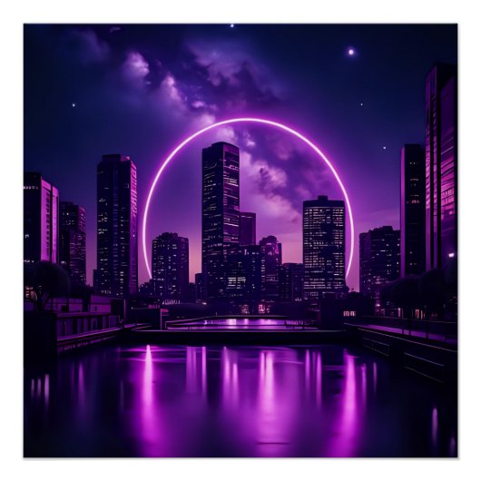 Neon Cyberpunk Cityscape – Futuristic Purple ポスター (正面)