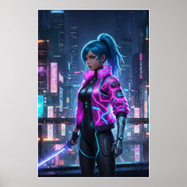 Neon Cyberpunk Girl | Futuristic City Warrior ポスター