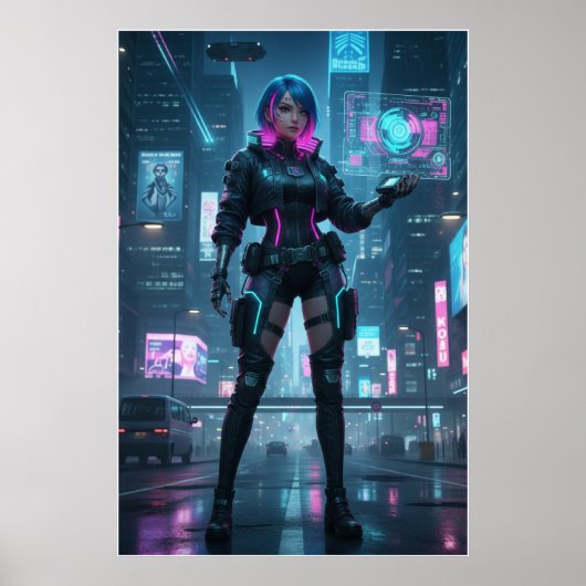 Neon Cyberpunk Operative – Futuristic City Poster  ポスター (正面)