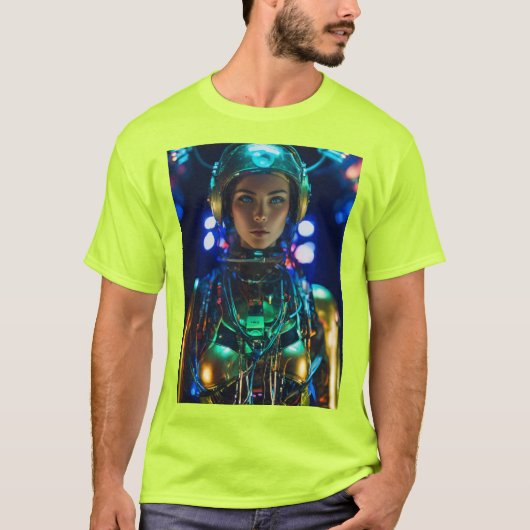 Neon Cyborg – 未来的なSci-Fi Tシャツデザイン Tシャツ (正面)