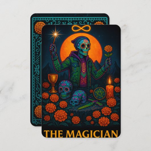 Neon Dia de los Muertos The Magician Tarot Card (正面/裏面)