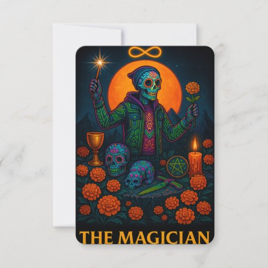 Neon Dia de los Muertos The Magician Tarot Card (正面)