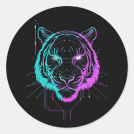Neon digital tiger art ラウンドシール