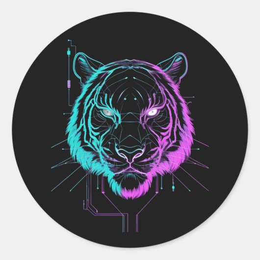 Neon digital tiger art ラウンドシール (正面)
