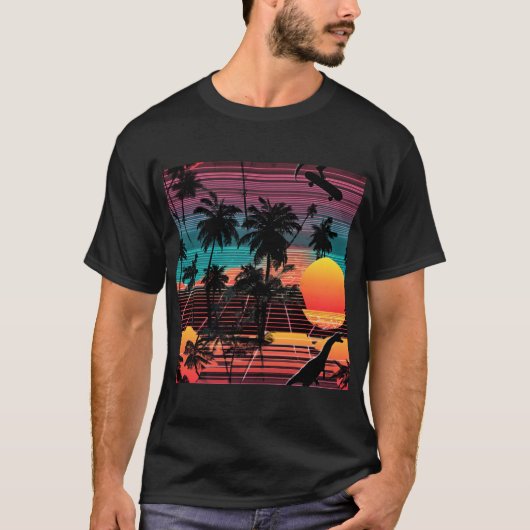 Neon Dinosaur and Skater at Sunset Tシャツ (正面)