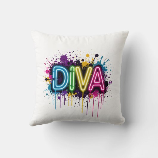 Neon Diva Graffiti Collage with Dripping Paint on クッション (裏面)