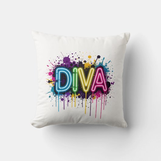 Neon Diva Graffiti Collage with Dripping Paint on クッション (正面)