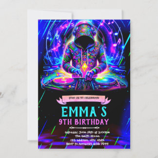 Neon DJ birthday party invitation 招待状
