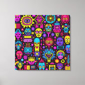 Neon Doodle Faces – Vibrant Street Art Pattern キャンバスプリント (正面)
