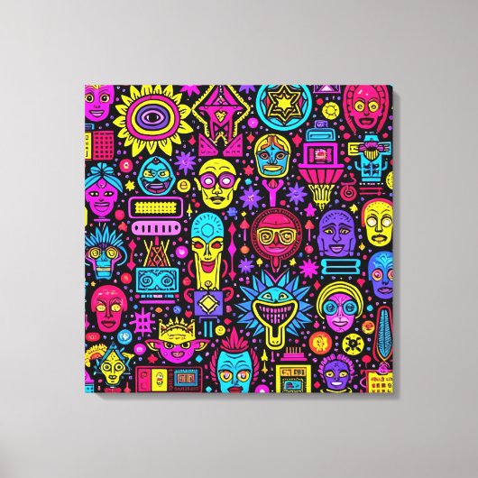 Neon Doodle Faces – Vibrant Street Art Pattern キャンバスプリント (正面)