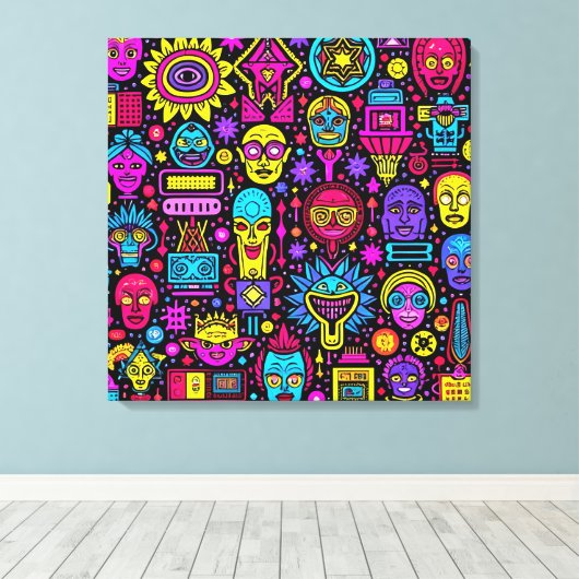 Neon Doodle Faces – Vibrant Street Art Pattern キャンバスプリント (インサイチュ (ウッドフロア))