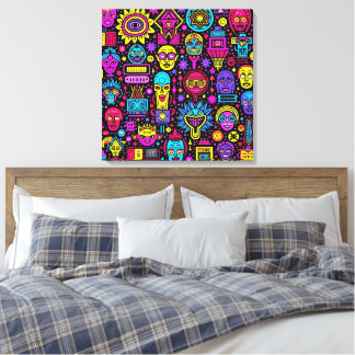 Neon Doodle Faces – Vibrant Street Art Pattern キャンバスプリント