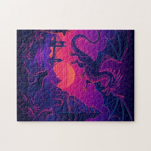 Neon Dragon Realm – Synthwave Fantasy Landscape ジグソーパズル (横)