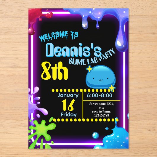 Neon Drip Slime Birthday Party Invitation Kids アクリル招待状 (正面)